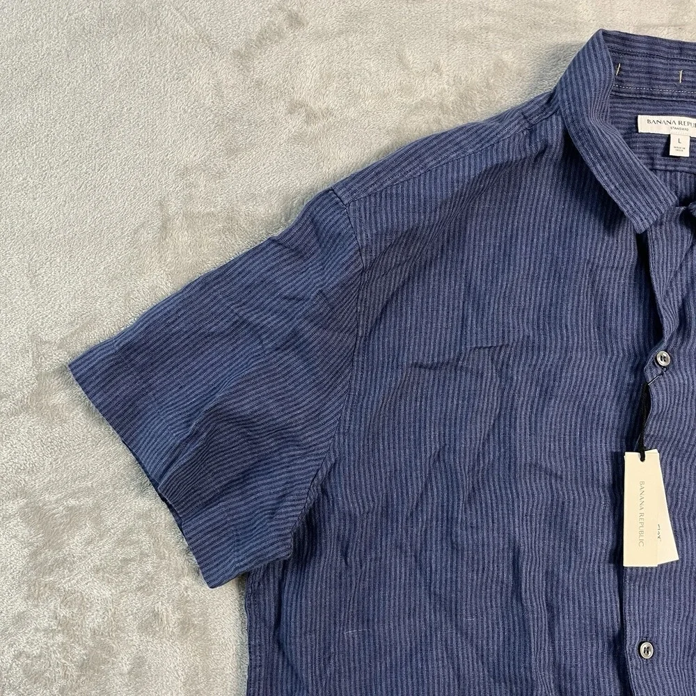 Banana Republic Standard Shirt Mens L Blue Striped 100% Linen Short Sleeve